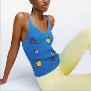 ZARA Blue Medium Ribbed Knit Fruit Embroidered Sleeveless V Neckline Camisole